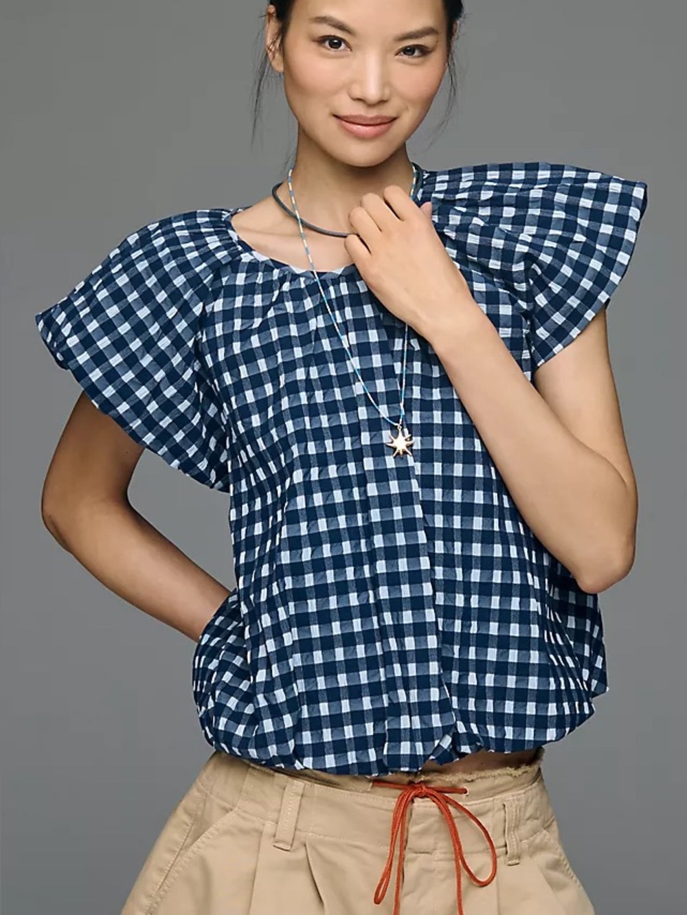 Maeve Navy and White Gingham Flutter Sleeve Top